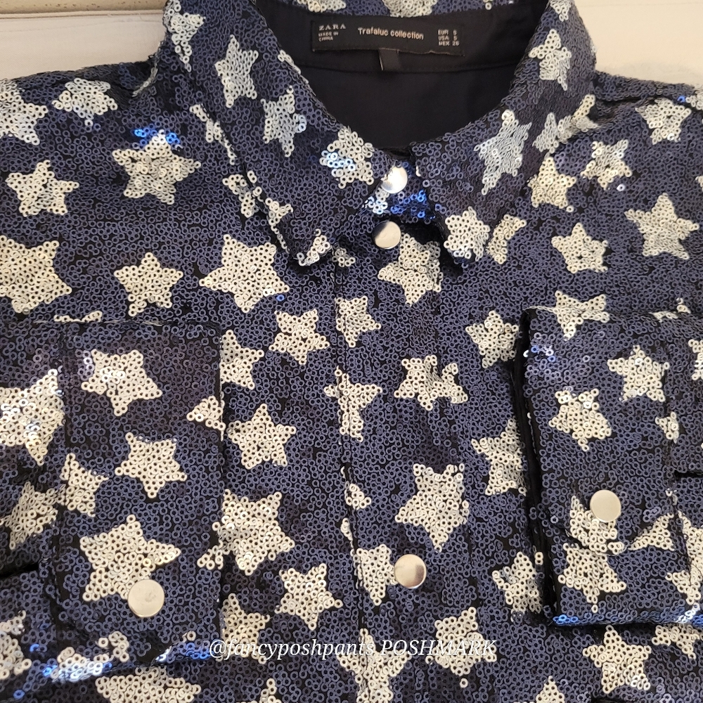ZARA sequined star BLOGGER FAV! lined snap shirt jacket 2 large patch pockets - Picture 12 of 17